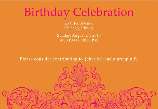 Colorful birthday celebration invitation with option to support a charity
