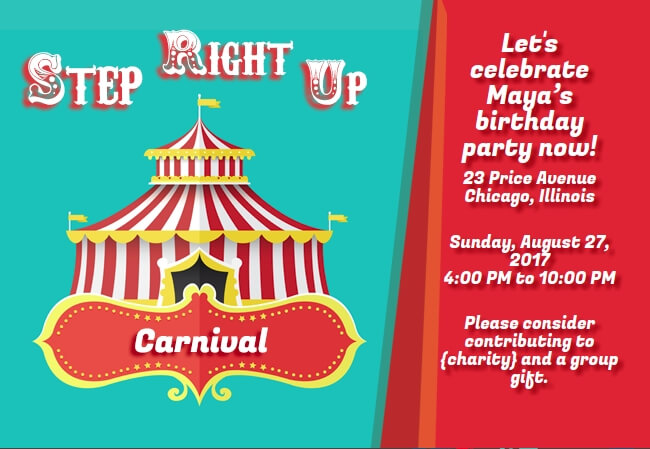 Carnival-themed kids party invite with colorful fun and donation options