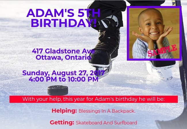 Hockey-themed kids party invite with goals on and off the ice for charity