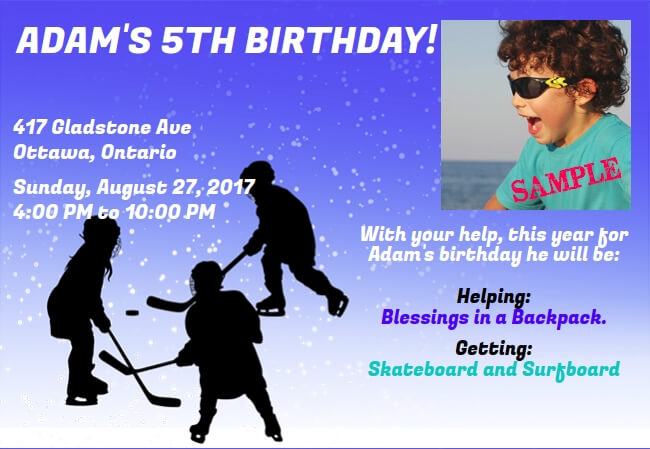Hockey party invite for kids with a slapshot towards charity support