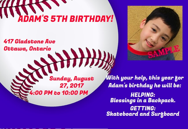 Baseball-themed kids birthday invitation with home-run donation options