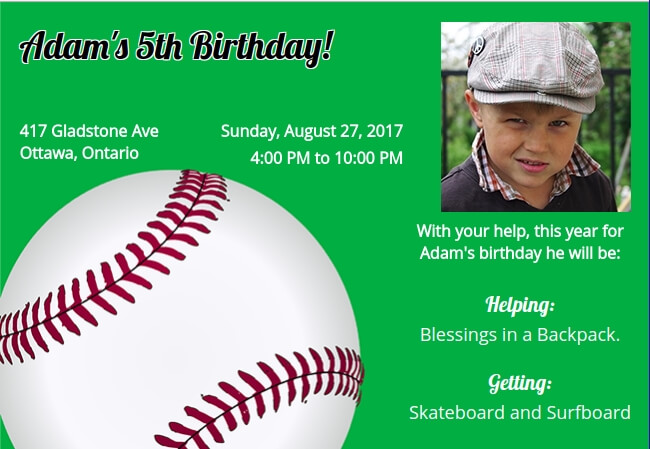 Custom kids birthday invitation with sports gear and donation options
