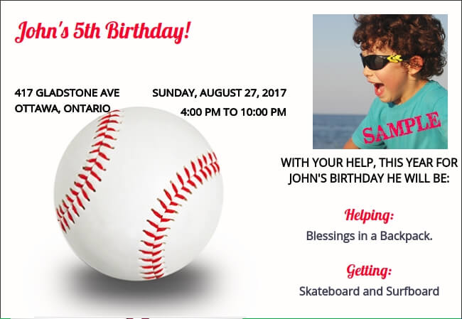 Sport-themed kids party invitation serving up fun and charity