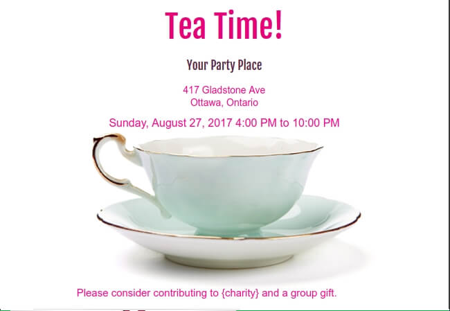 Simple and fun tea party invite with option to support a cause