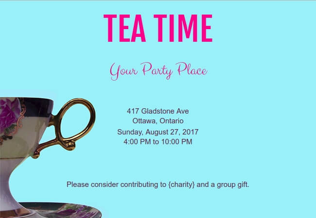 Personalized tea party invite supporting charitable causes