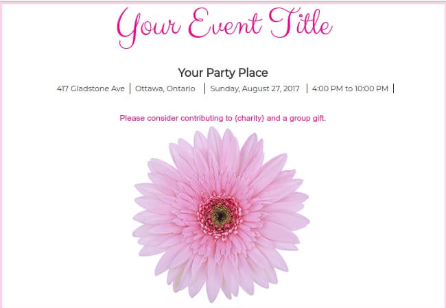 Flower design kids party invitation promoting charitable giving