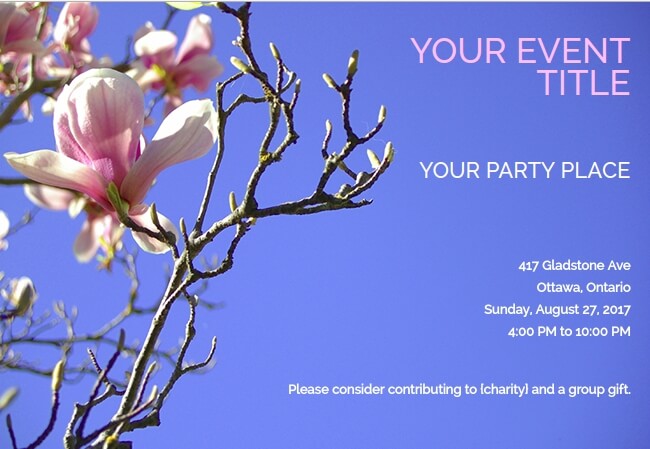 Beautiful flower-themed party invite with charity donation