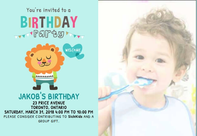 Personalized kids invite with donation feature supporting charitable causes