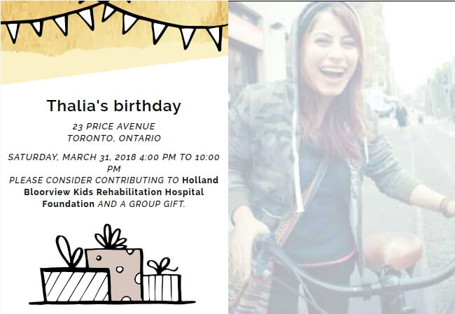 Funky custom birthday invitation with a donation-friendly twist
