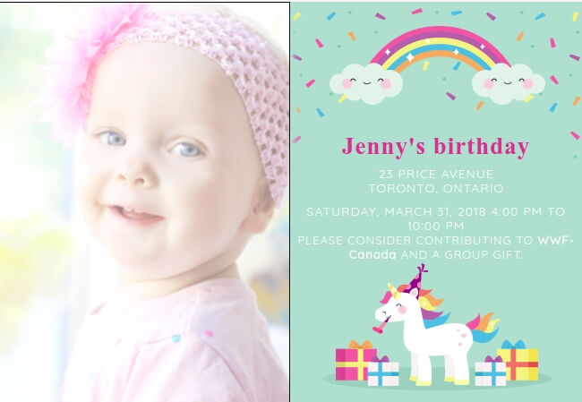 Rainbow-inspired kids birthday invite that supports meaningful causes