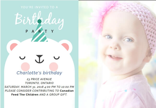 Adorable custom kids party invitation with donation feature