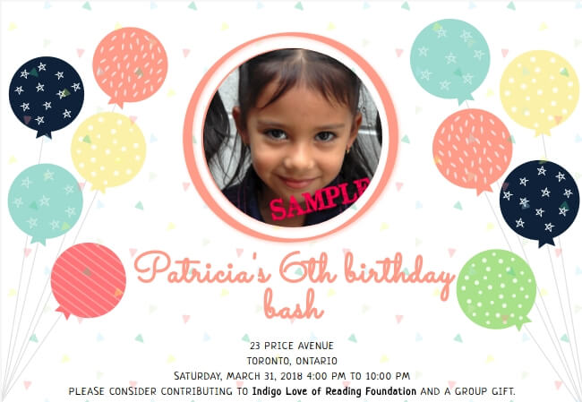 Kids birthday invitation with balloons and charity contribution option