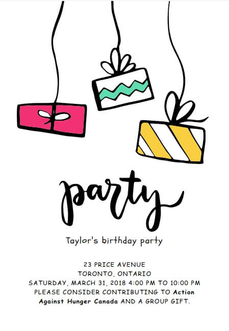 Personalized birthday invitation for kids featuring fun gift illustrations and donation capabilities