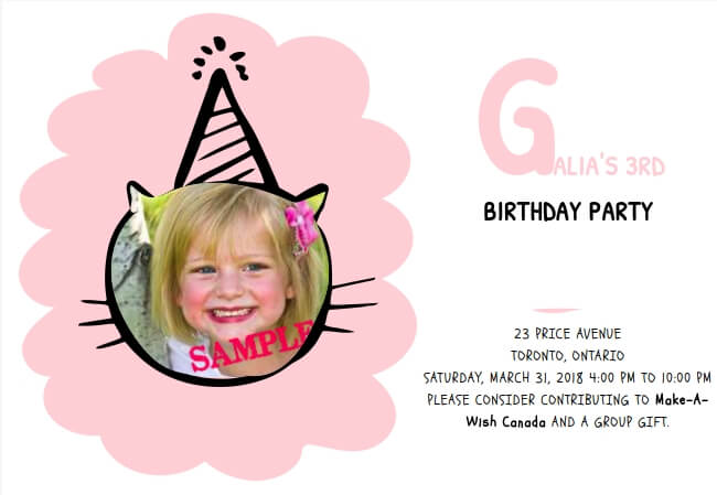 Customizable birthday invitation for kids with fun background and charity donation option