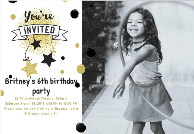 Stylish kids party invitation with customizable photo space and the ability to give back to a cause