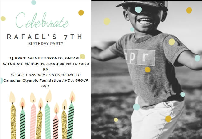 Playful birthday invite for kids with option to support causes