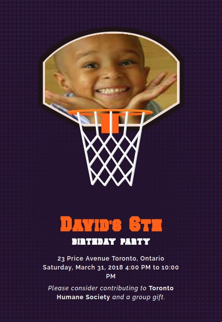 Fun and sports-themed children’s party invite with donation capability