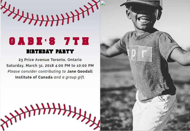 Playful and creative kids party invitation supporting donations