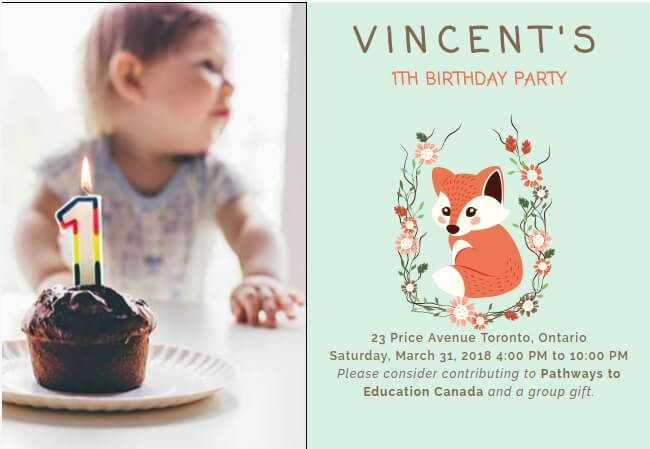 Colorful children’s birthday invite with option to donate to a cause