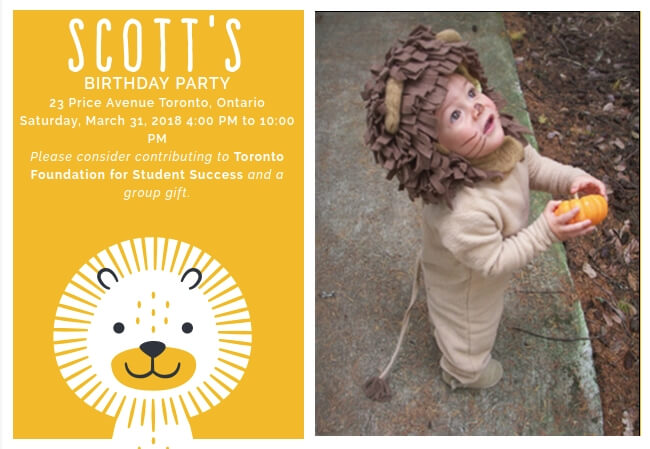 Custom kids birthday invitation with playful colors and charity support
