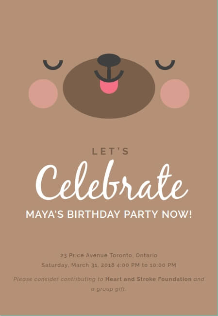 Cute kids birthday party invite with fun graphics and charity focus