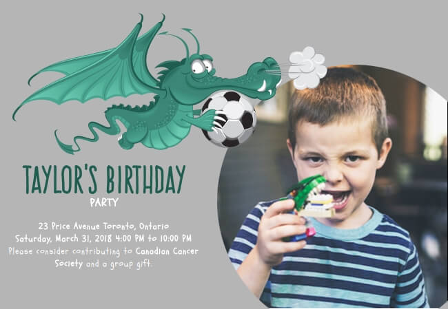 Personalized and fun children’s birthday invite promoting charitable donations