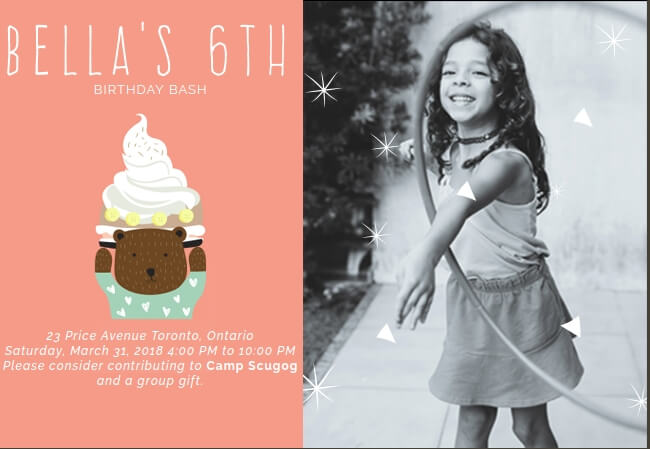 Editable kids party invitation with playful theme and charity focus