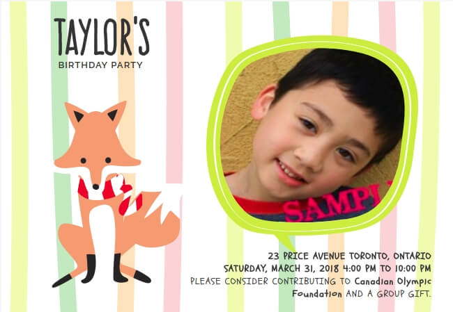 Colorful birthday invite for kids with option to support a charity