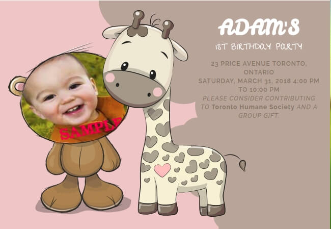 Illustrated kids party invite with vibrant colors and charity feature