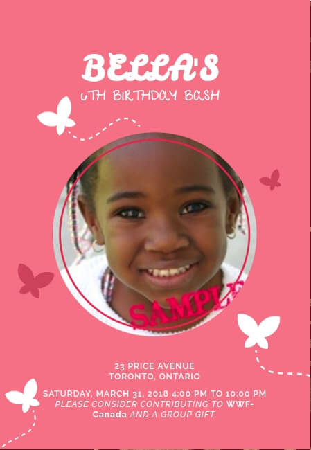 Bright and festive kids party invitation with giving back feature