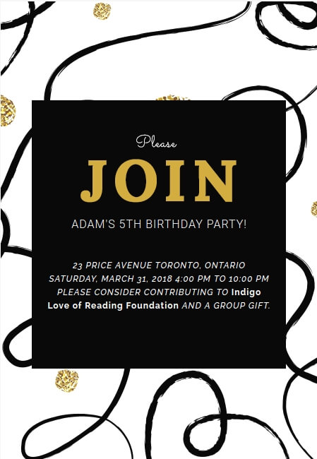 Charming children’s birthday invite with option to support a selected charity