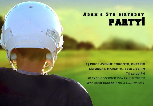Fun sports birthday party invitation with option to donate to charity