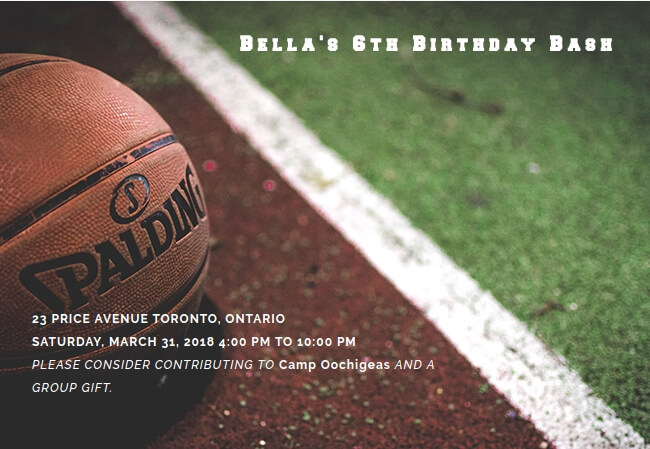 Custom sports birthday invitation with an option to donate to charity
