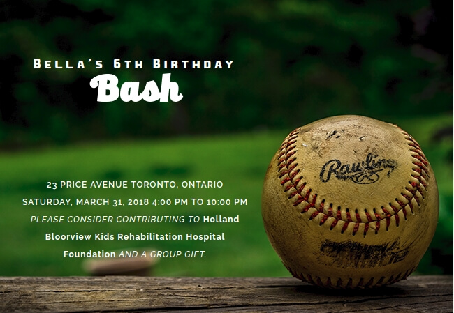 Sports-themed birthday invitation with creative design and charity donation