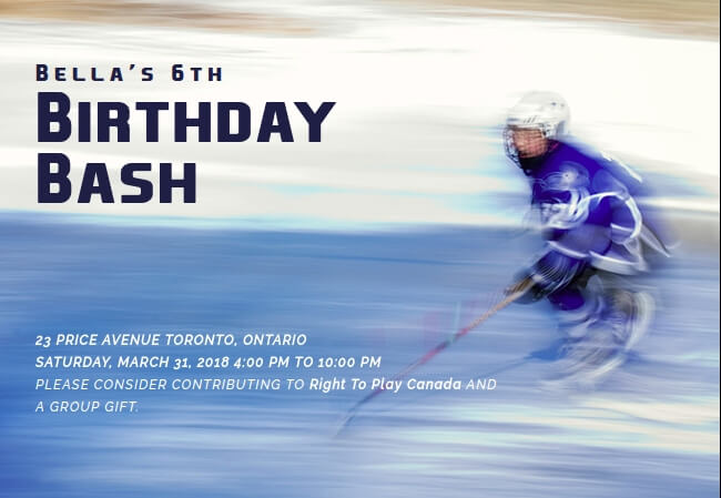 Creative sports-themed birthday invitation with charity donation option