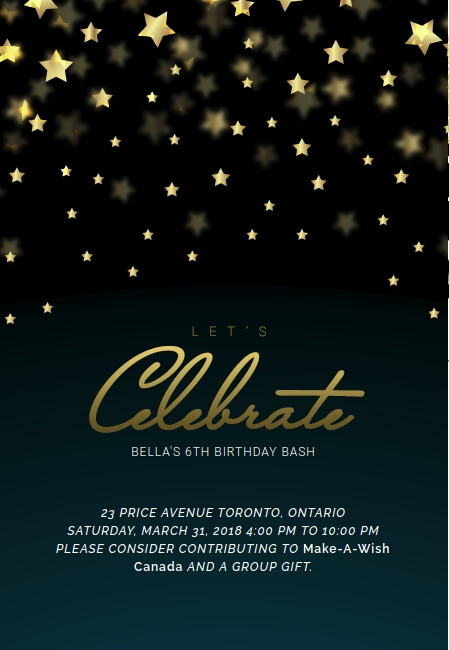 Sophisticated birthday party invitation with editable details and charity donation