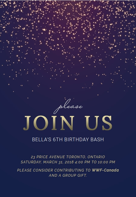 Charming children’s birthday invite with option to support causes