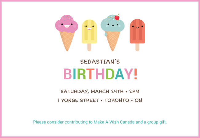 Kids birthday party invitation encouraging donations to charities