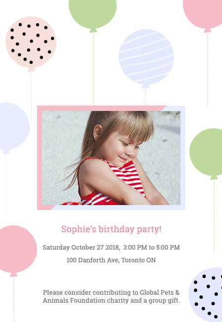 Kids birthday invite with playful graphics and donation option