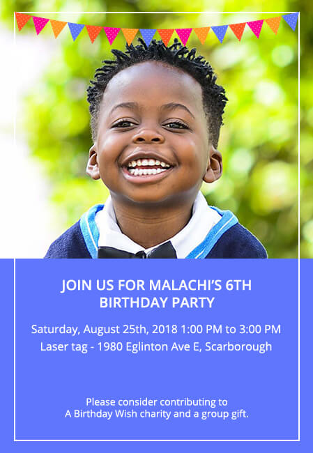Creative kids birthday invite with option to contribute to charity