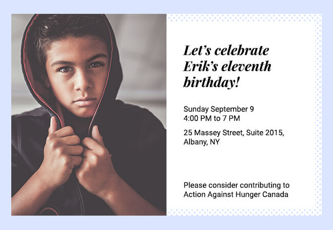 Birthday invitation with customizable details and charity feature