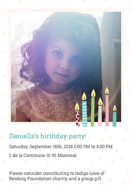 Custom kids party invites with colorful, fun designs and charity focus
