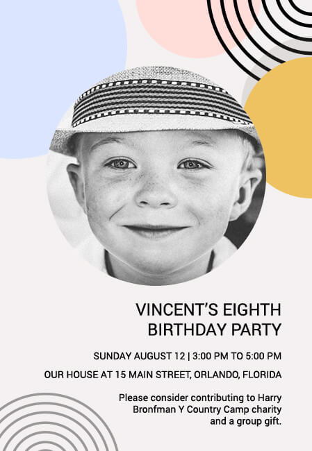 Kids birthday invitation with personalized design and charity support