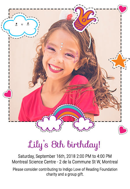 Colorful and fun birthday party invites for kids with charity focus