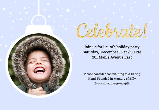 Holiday party invitation with fun design and charity option