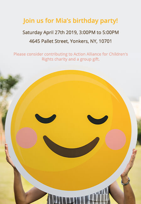 Customizable kids party invitations with donation option for selected charities