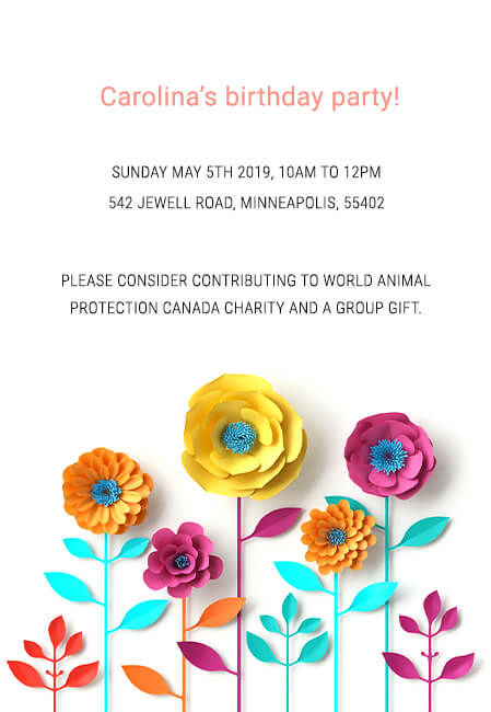 Editable kids party invitations with donation option for a selected charity
