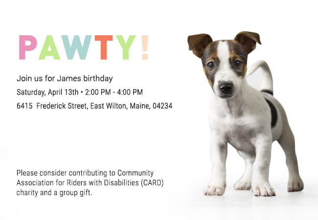 Personalized party invitation for kids with charity donation
