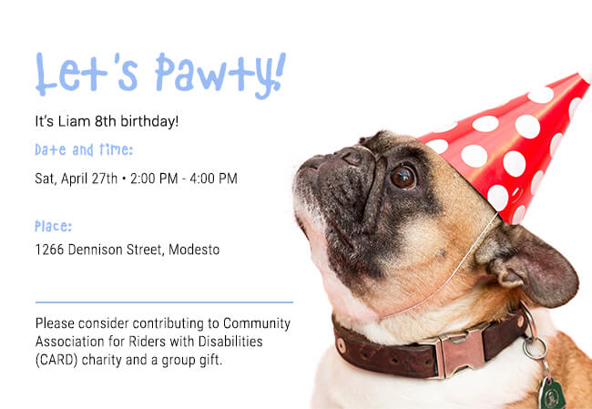Fun and vibrant kids birthday party invite with charity giving