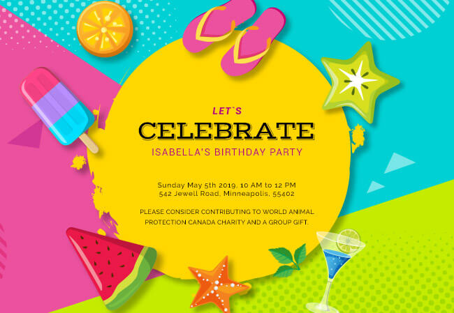 Bright kids birthday party invites with charity donation options
